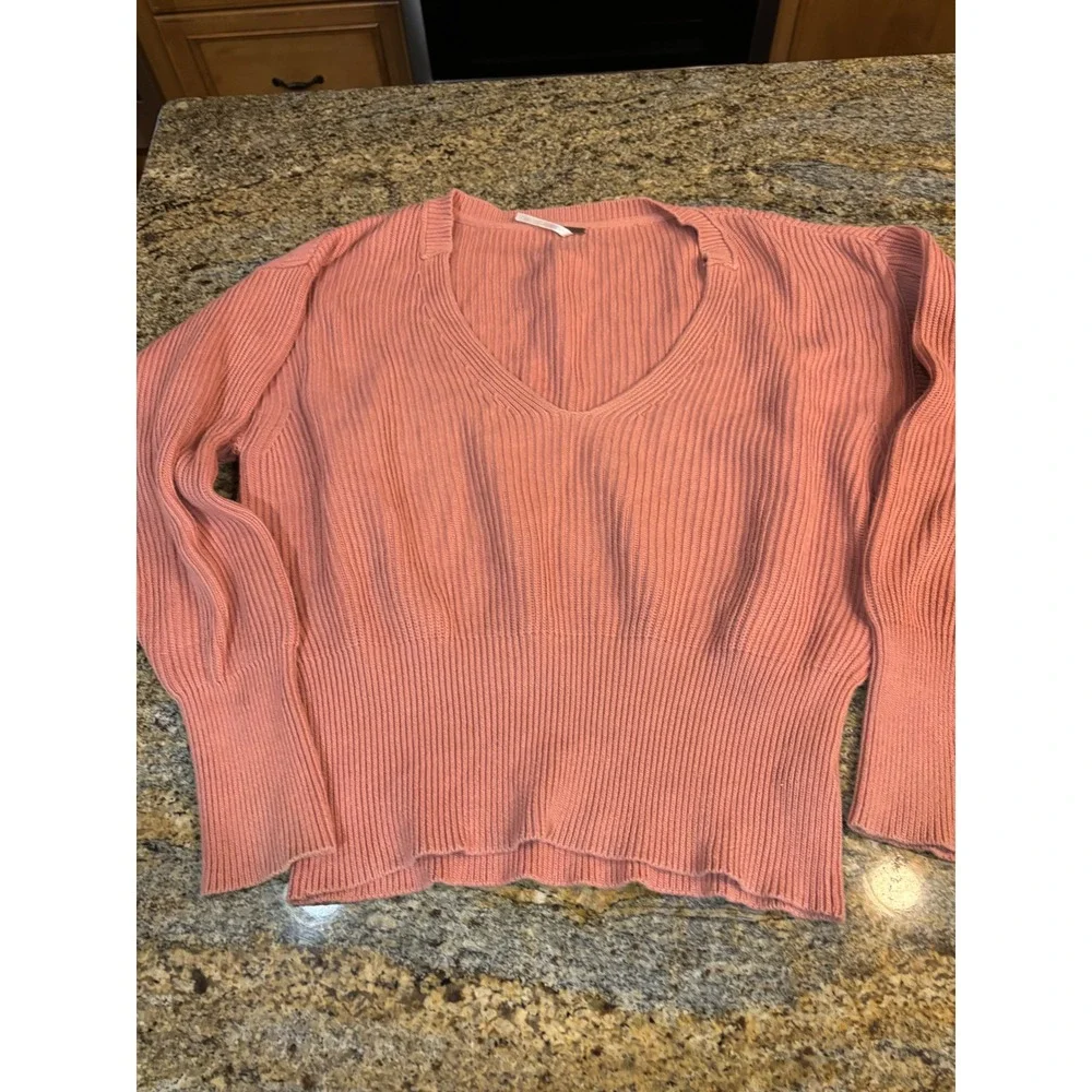 Free People Ribbed‎ V-Neck Cotton Blend Sweater Dusty Rose Pink Medium Cropped